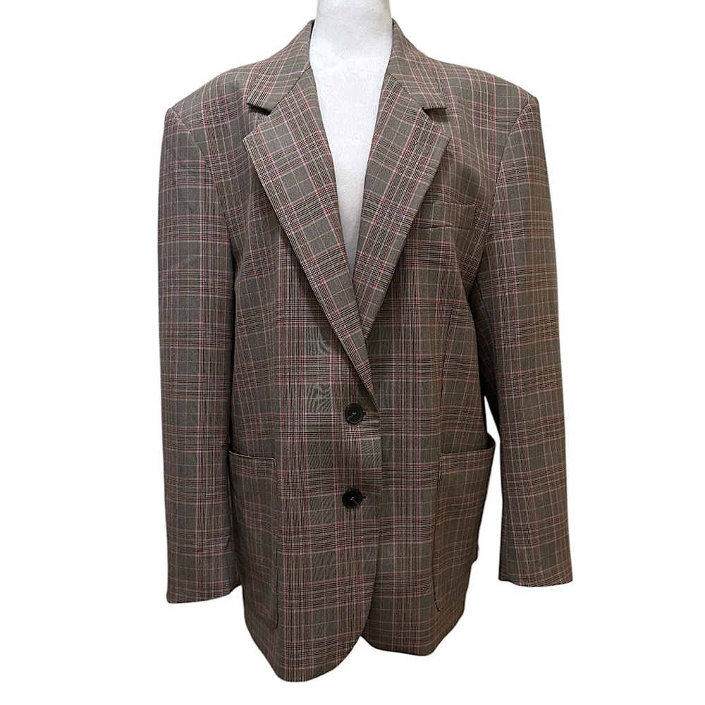 Zara Women’s Oversized Plaid Blazer Jacket Brown Taupe Red Size Large 2 Button